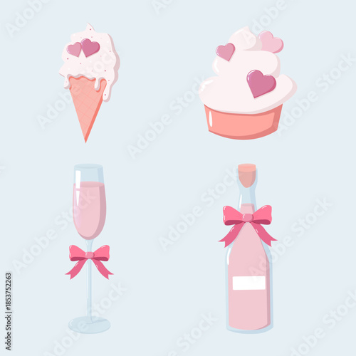 Valentine illustration with ice cream, cupcake, champagne flute and bottle in pink pastel style. Festive romantic design for cards, decor, invitations and sweet celebration themes