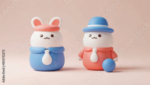 Pastel colored toy rabbit figurines in a cute duo with hats and soft studio backdrop.