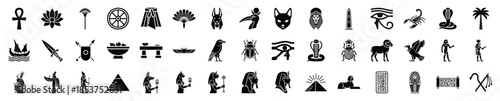 A collection of black icons representing ancient Egyptian culture. Includes gods, pharaohs, animals, and symbols for history, travel, and educational themes.