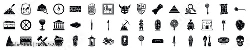 A collection of black icons representing archaeology, ancient history, and excavation. This set includes various tools, artifacts, and symbols for diverse thematic projects.