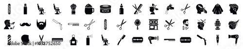 A collection of black silhouette icons representing barbershop equipment and hairstyling services. Ideal for salon branding, grooming websites, and mobile applications for mens care.
