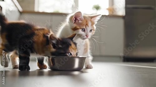 Adorable little kittens playfully run to a bowl in the kitchen