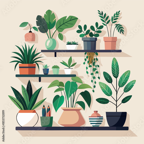 A collection of vibrant houseplants displayed on minimalist floating shelves indoors