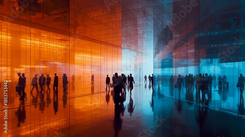 Crowd of people walking through a modern glass corridor split by orange and blue lighting creating a dynamic urban technology driven atmosphere