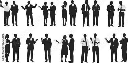 Business people silhouette set, professional men and women discussion poses, corporate teamwork communication concepts, black vector illustration collection, isolated office icons