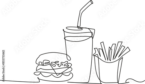 Continuous Line Drawing of Fast Food Meal: Burger, Fries, and Soda - continuous line art, one line drawing, single line, minimalist illustration, fast food, burger, hamburger, fries, french fries, sod