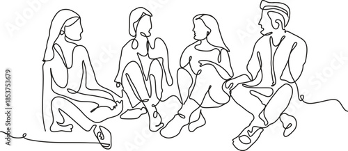 Continuous Line Art of Friends Sitting and Talking - continuous line art, one line drawing, group of people, friends sitting, teamwork, minimalist illustration, business meeting, socializing, 
