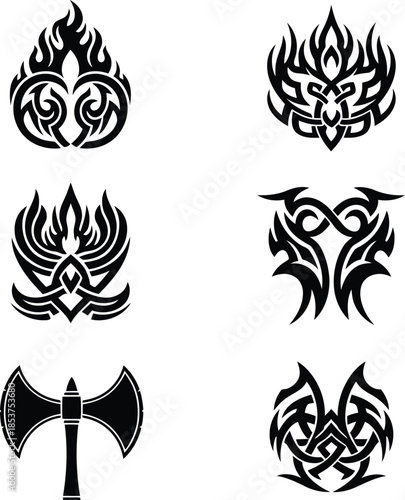 Vector set of viking battle axe and tribal flame ornaments with celtic knots for tattoo design and warrior logo icons.