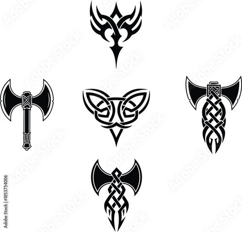 Vector set of viking battle axes and celtic knot tribal ornaments for tattoo design and norse mythology logo icons.
