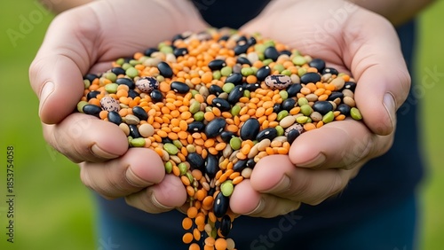 Human Hands Holding Large Handful of Mixed Colorful Dry Beans and Lentils