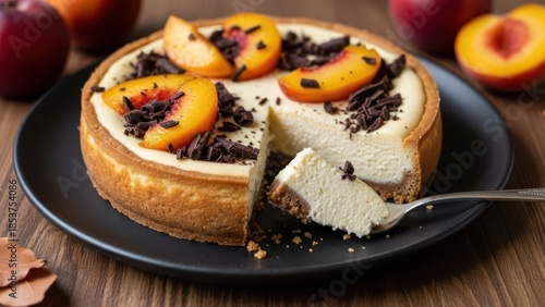 Wallpaper Mural Delicious homemade cheesecake with peach slices and chocolate shavings on a black plate, a slice cut out, served on a dark wooden table Torontodigital.ca