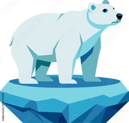 Colored vector illustration of a majestic polar bear on a small floating ice piece, climate change awareness, white background.