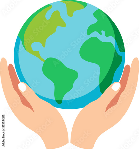 Colored vector illustration of two hands gently cradling a small, green Earth globe, white background.