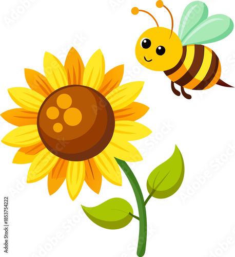 Colored vector of a cute honeybee flying towards a vibrant sunflower, pollination concept, white background.