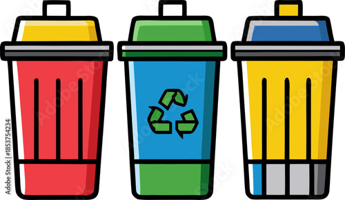 Colored vector of three different colored trash bins (plastic, paper, glass) with icons, white background.