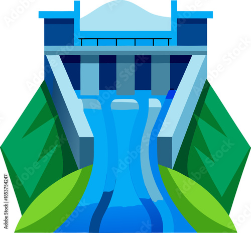 Flat design vector of a water dam with a bright blue river flowing through it, white background.