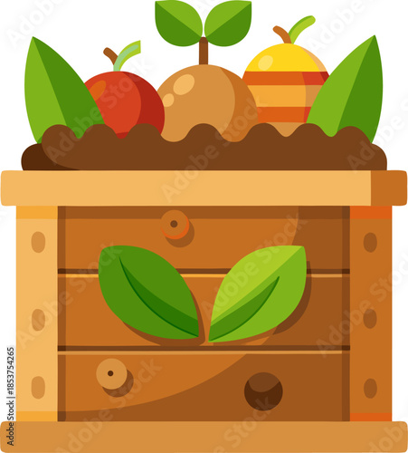 Flat design vector of a wooden compost bin with organic fruit peels and a small worm icon, white background.