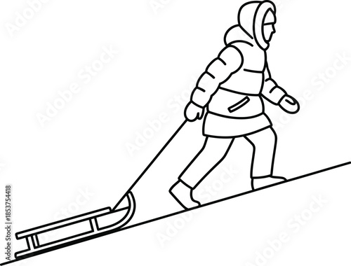 Minimalist line art illustration showing a person wearing a winter coat pulling a sled up a snowy incline vector