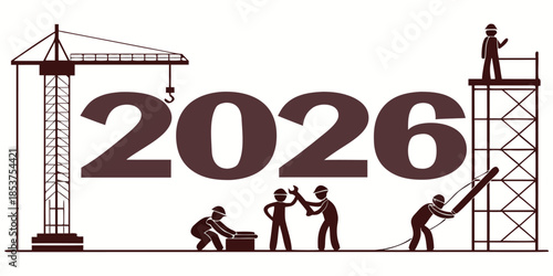 2026 New Year vector background with construction elements like cranes, hard hats, and scaffolding, blended with holiday lights and confetti.