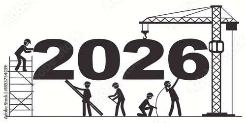 Vector background of New Year 2026 with construction theme: cranes, buildings, scaffolding, combined with holiday festive elements and fireworks.