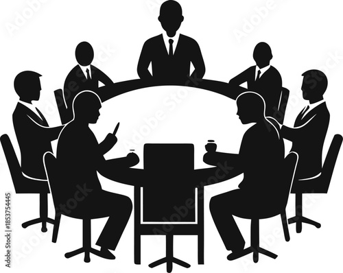 Solid black silhouette of a professional team sitting around a circular meeting table, white background.