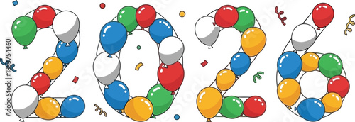 Festive 2026 year number constructed from colorful balloons and confetti celebrating a new beginning or anniversary