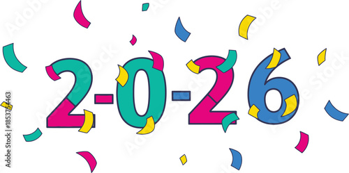 Celebrate the arrival of the year 2026 with colorful numbers and festive confetti streamers in a bright design