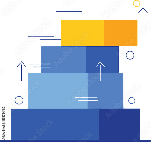 Abstract illustration of upward progress showing steps growth stages and continuous improvement towards a final yellow goal
