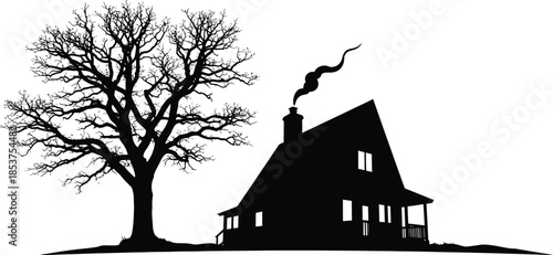 Black silhouette of a cozy, rustic cabin nestled beside a large bare tree under a stark white background