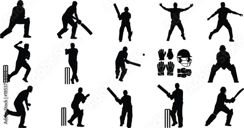 Cricket player silhouettes, black and white illustration, sports action, batting, bowling, fielding, wicketkeeping, gear, celebration, dynamic poses, minimal design
