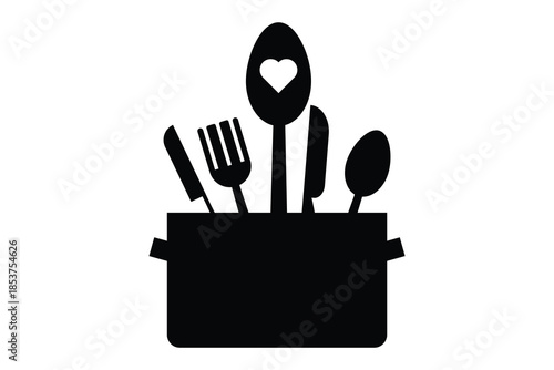 set of kitchen cooking icon, restaurant and home kitchen icon, Kitchen Utensils Icon Vector, knife, spoon, plate, pot, pan icon set, set of silhouettes of kitchen tools.