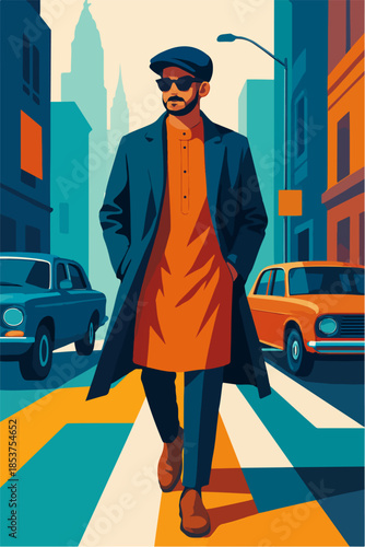 Stylish Man With Beard Walking In City Illustration