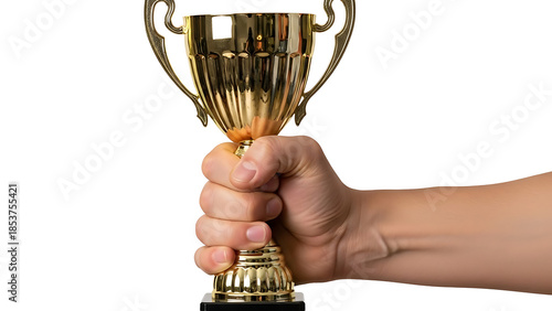 Foto Hand holding golden trophy on transparent background