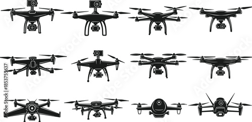 Drone silhouette collection, quadcopter UAV designs with camera, modern aerial technology set, isolated black vector icons on white background