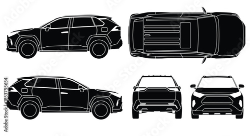 Black silhouette blueprint of a modern SUV car from multiple perspectives including side, top, front, and rear views on a white background.