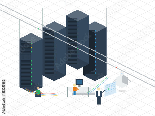 Workers managing servers and data cables in a technology room during daytime