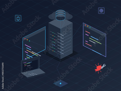 Server network connected to devices analyzing data and security threats in a tech environment