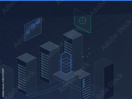 Data center infrastructure shows multiple server racks with virtual elements displayed on screens and lines connecting different components