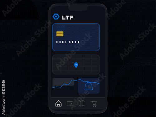 Mobile application showing financial data with graph and location marker on screen display