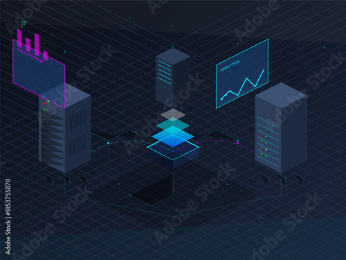 Data flow and analysis within a network of servers showcasing modern technology and systems