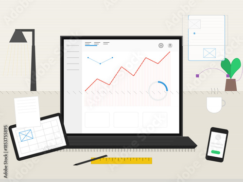 Data analysis process with charts and devices on a workspace desk showing recent trends and daily tasks in a modern office environment