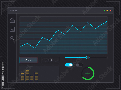 Display shows rising graph with controls and data metrics for analysis in a digital interface