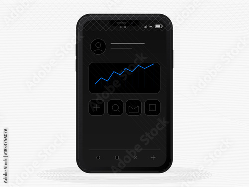 Digital screen shows a graph with upward trend and various app icons displayed on a phone during daytime work hours