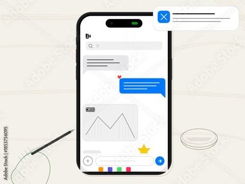 Chat screen on a smartphone showing messages and a simple graph during a discussion