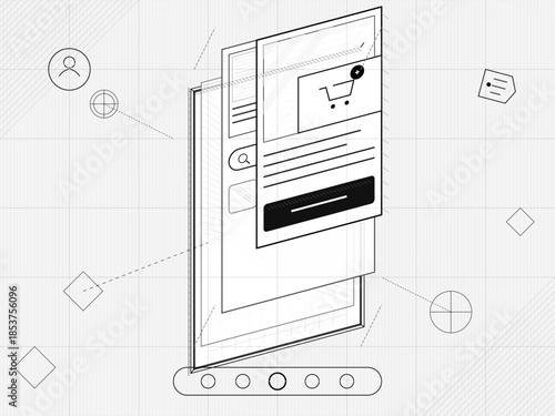 Digital shopping interface shows products and cart details while displaying user icons and design elements