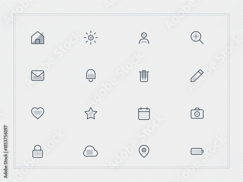 Collection of common icons used for user interface design in apps and websites in a grid format showing various functions