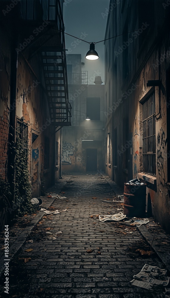 Fototapeta premium Dark urban alleyway with old brick walls, a fire escape, and scattered trash under dim streetlights at night, creating a mysterious and gritty atmosphere.
