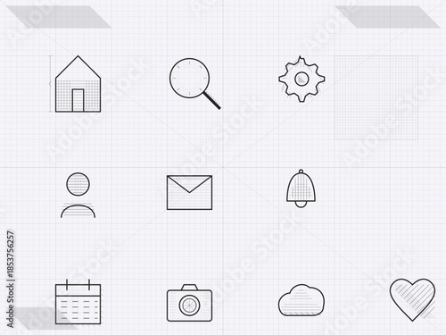 Icons for different applications designed on a grid background in a minimalistic style