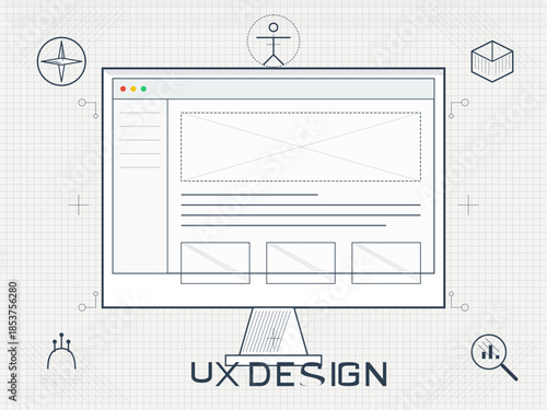 UX design concepts shown on a computer screen with different shapes and icons in a simple layout