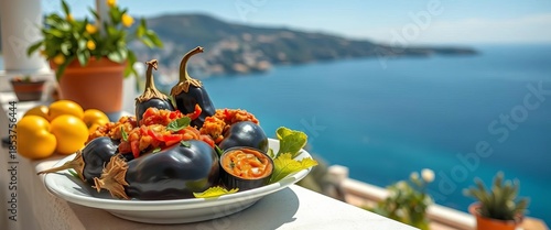 Sun-drenched stuffed eggplants on a Riviera Qeparo terrace overlooking the Ionian Sea,  local,  aubergine
